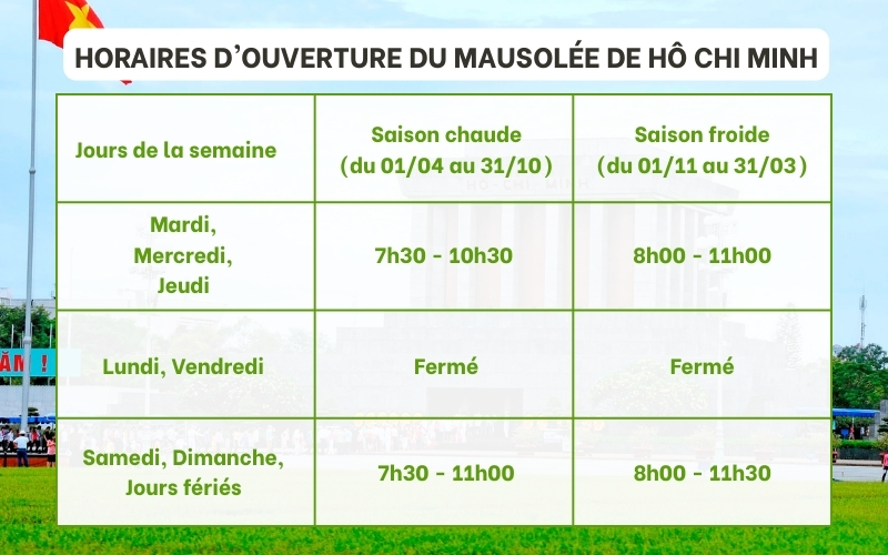 Horaires d'ouverture du Mausolée Hô Chi Minh